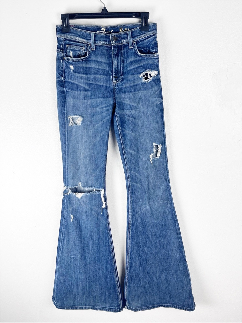 7 FOR ALL MANKIND Ripped Distressed Blue Denim Bell Bottoms Jeans Size 26 Boho